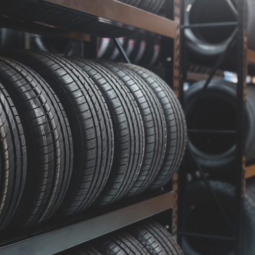 A new tire is placed on the tire storage rack in the tire factory. Be prepared for vehicles that need to change tires.